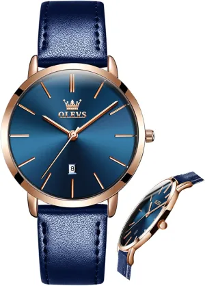 OLEVS Women Wrist Watches Ultra Thin 6.5mm Minimalist Dress Fashion Leather Strap Quartz Waterproof Date Day Slim Watches for Ladies