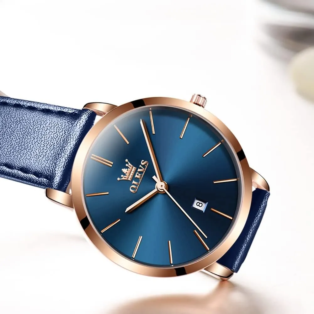 OLEVS Women Wrist Watches Ultra Thin 6.5mm Minimalist Dress Fashion Leather Strap Quartz Waterproof Date Day Slim Watches for Ladies