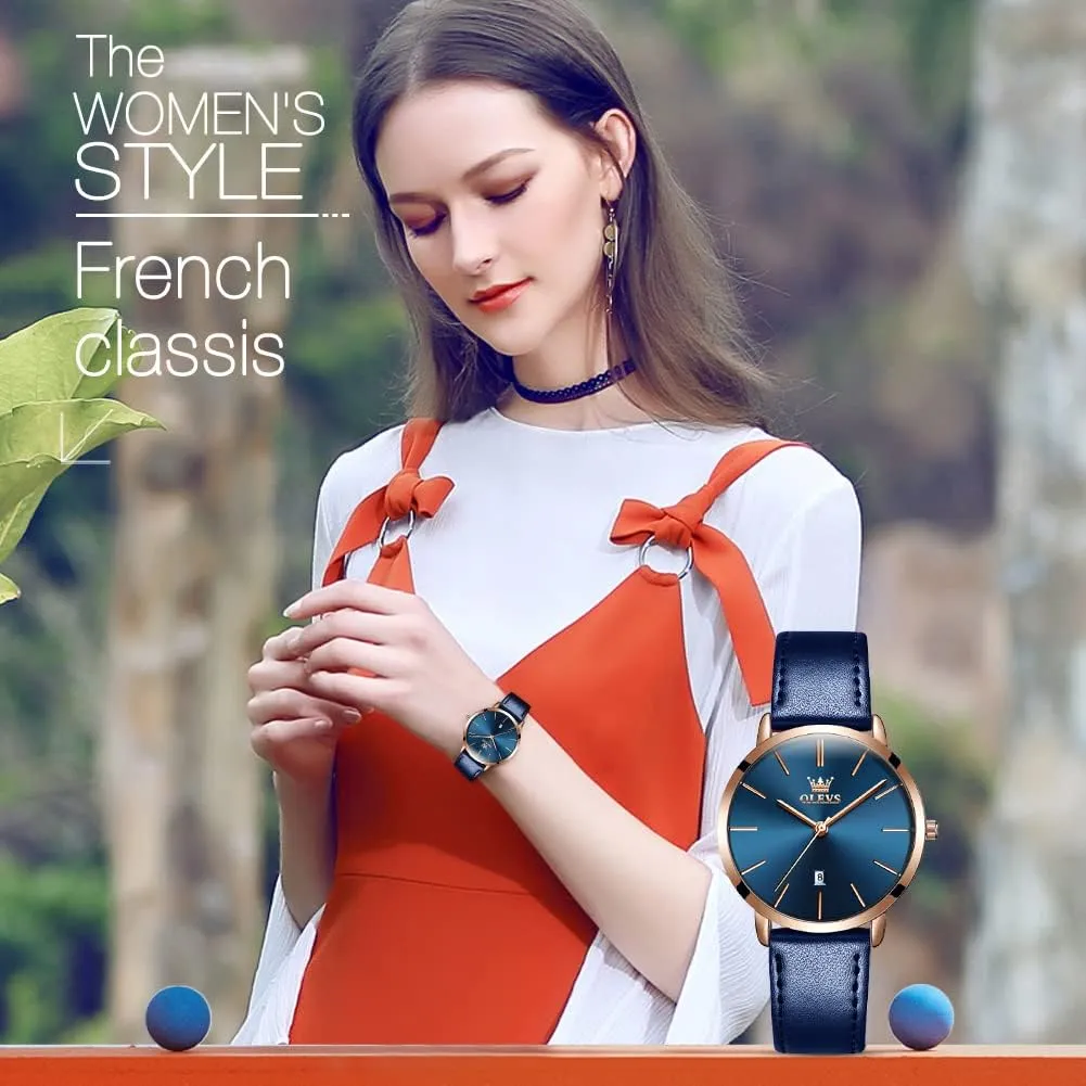 OLEVS Women Wrist Watches Ultra Thin 6.5mm Minimalist Dress Fashion Leather Strap Quartz Waterproof Date Day Slim Watches for Ladies