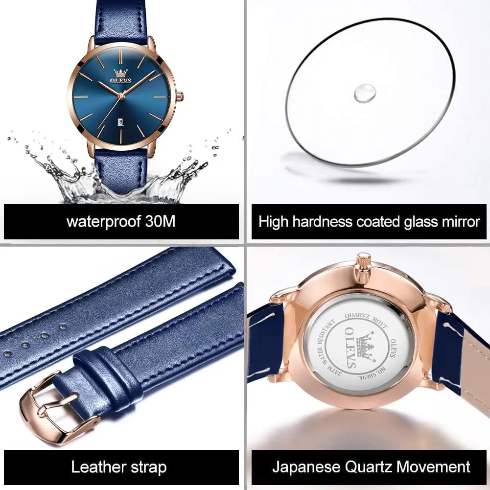 OLEVS Women Wrist Watches Ultra Thin 6.5mm Minimalist Dress Fashion Leather Strap Quartz Waterproof Date Day Slim Watches for Ladies