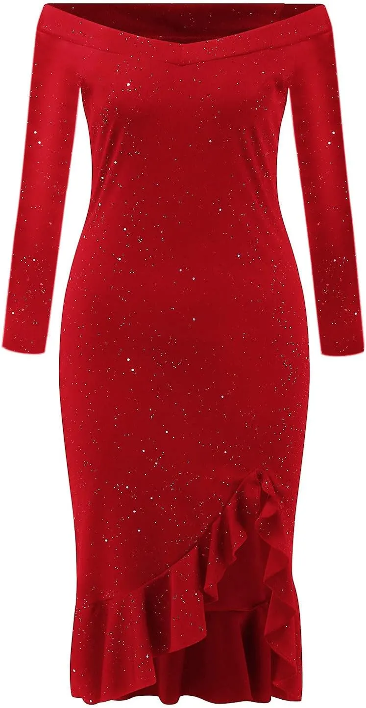 Oplxuo Off Shoulder Sequin Short Party Dresses for Women with Sleeves Glitter Ruffle Hem Slit Mini Formal Prom Cocktail Gown