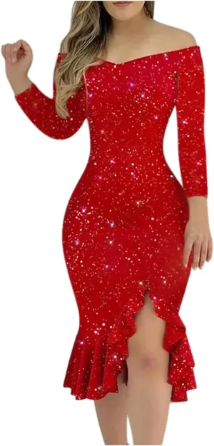 Oplxuo Off Shoulder Sequin Short Party Dresses for Women with Sleeves Glitter Ruffle Hem Slit Mini Formal Prom Cocktail Gown