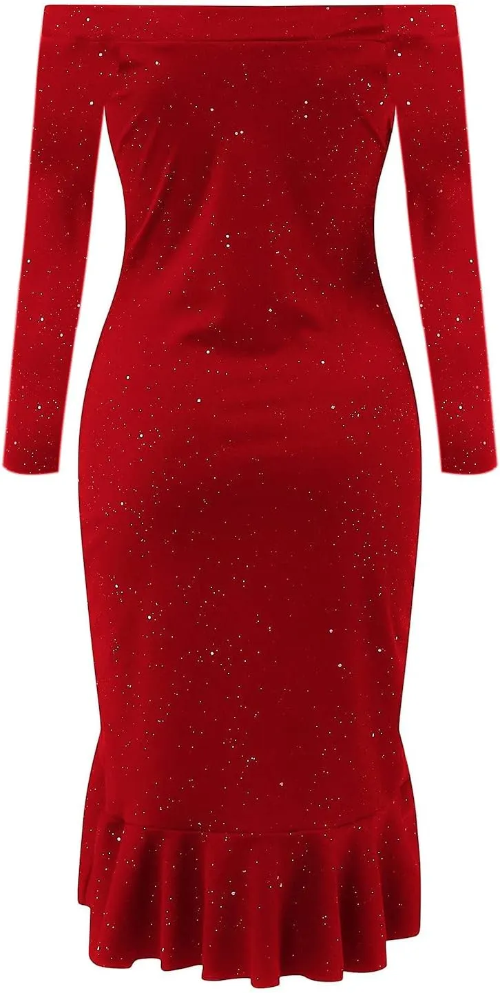 Oplxuo Off Shoulder Sequin Short Party Dresses for Women with Sleeves Glitter Ruffle Hem Slit Mini Formal Prom Cocktail Gown