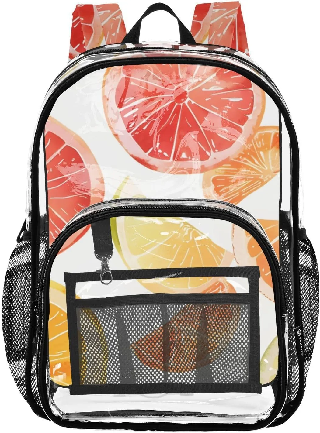 Orange Slice Clear Plastic Backpack - Transparent PVC Heavy Duty Bag with Large Main Pocket and Mesh Pockets - Ideal for School, Travel, Outings - Clear Backpack for Everyday Use