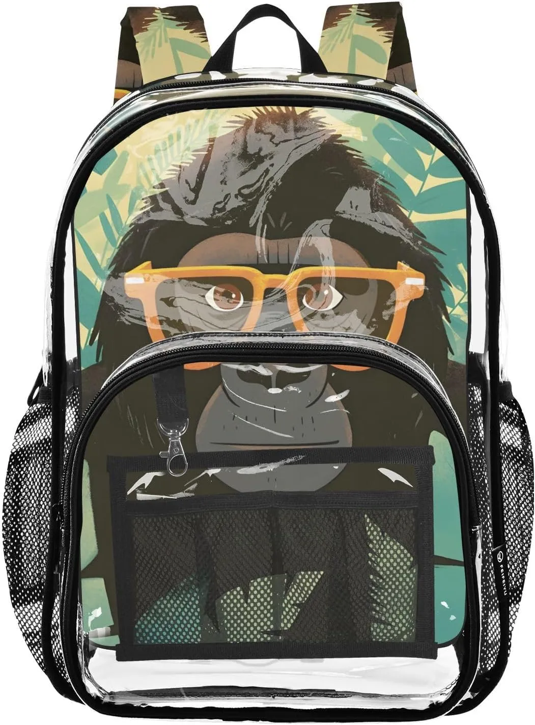 Orangutans Wear Glasses Clear Plastic Backpack - Transparent PVC Heavy Duty Bag with Large Main Pocket and Mesh Pockets - Ideal for School, Travel, Outings - Clear Backpack for Everyday Use