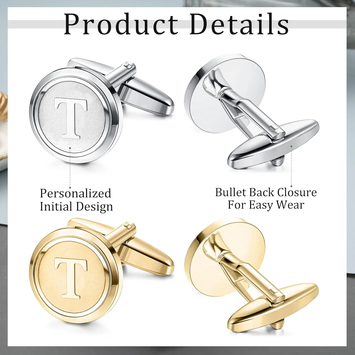 ORAZIO 2 Pairs Cufflinks for Men Stainless Steel Personalized Initial Cufflinks Silver Gold Engraved Cuff Links Alphabet Letter A-Z with Gift Box for Father Husband