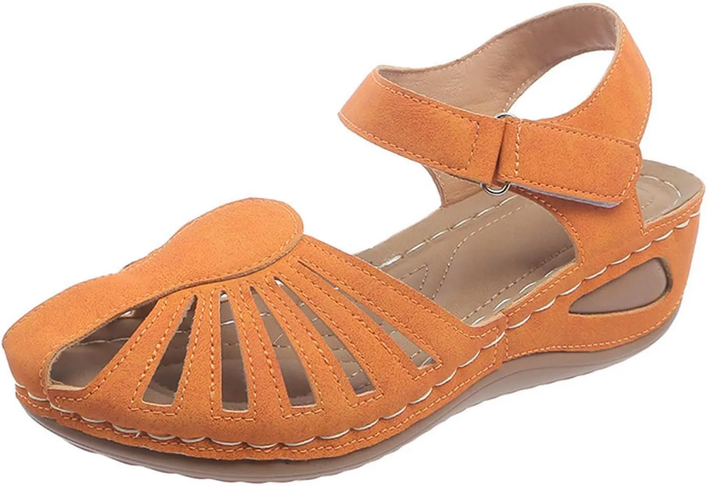 Orthopedic Sandals for Women with Arch Support Breathable Comfortable Wedge Heel Shoe Summer Beach Vacation Footwear Non-Slip Cut-Out Soft Sole Shoe Fashion Closed Toe Slippers with Ankle Strap