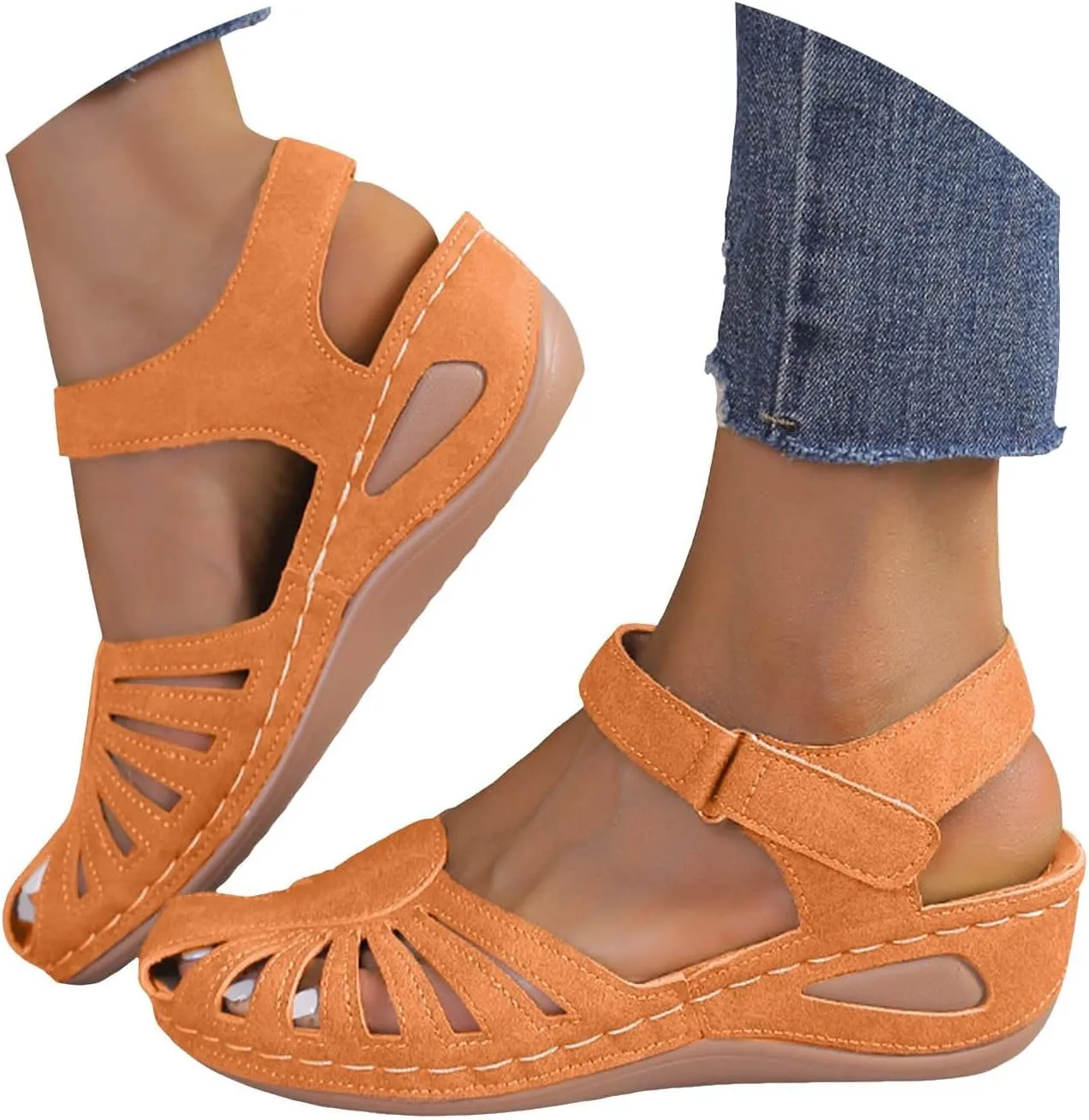Orthopedic Sandals for Women with Arch Support Breathable Comfortable Wedge Heel Shoe Summer Beach Vacation Footwear Non-Slip Cut-Out Soft Sole Shoe Fashion Closed Toe Slippers with Ankle Strap