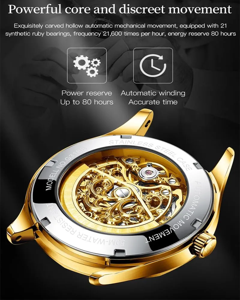OUPINKE Mens Automatic Watch Skeleton Luxury Dress Slef-Winding Mechanical Watch Waterproof Luminous Stainless Steel WirstWatchSapphire Crystal Mirror