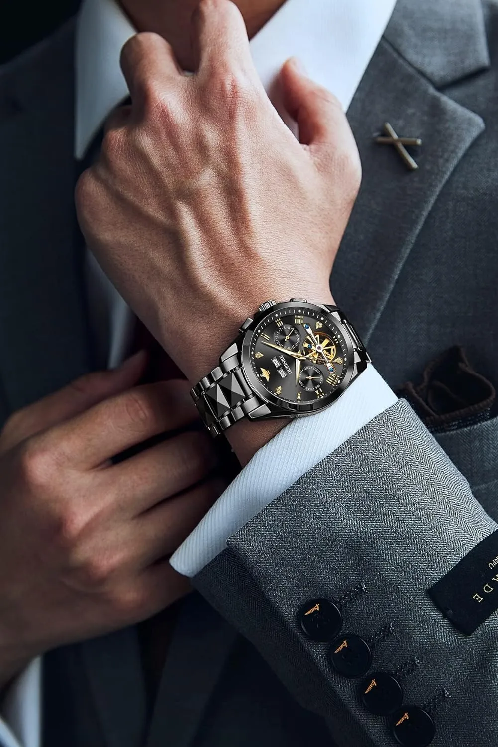 OUPINKE Men's Luxury Watches Automatic Mechanical Unique Tonneau Sapphire Crystal Tungsten Steel Date Waterproof Luminous Dress Wrist Watches