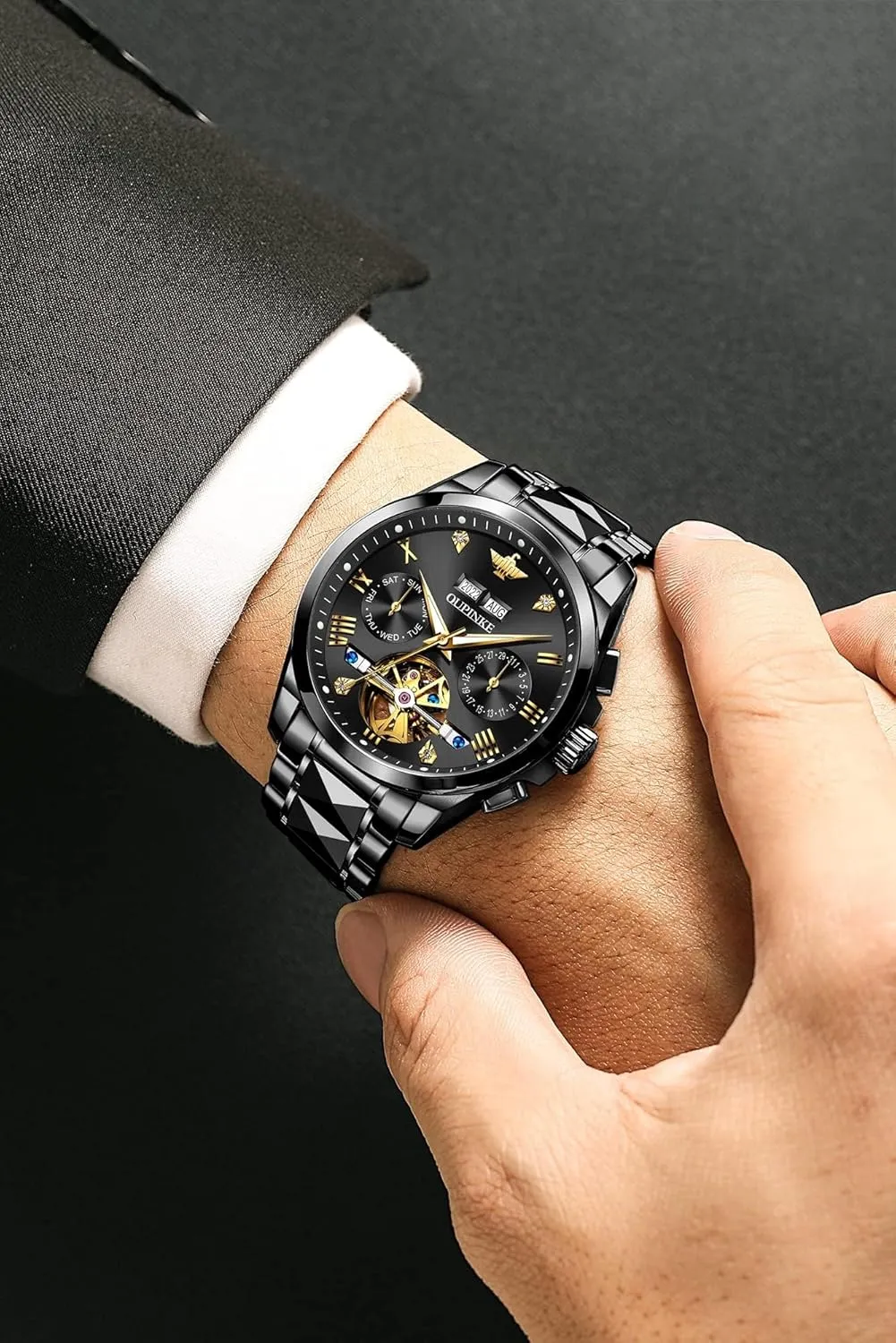 OUPINKE Men's Luxury Watches Automatic Mechanical Unique Tonneau Sapphire Crystal Tungsten Steel Date Waterproof Luminous Dress Wrist Watches