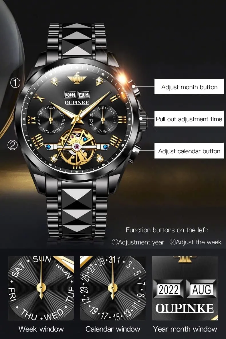 OUPINKE Men's Luxury Watches Automatic Mechanical Unique Tonneau Sapphire Crystal Tungsten Steel Date Waterproof Luminous Dress Wrist Watches
