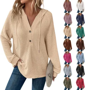 Oversized Hoodies for Women Soft V Neck Waffle Knit Hooded Sweatshirt Lightweight Fall Long Sleeve Pullover Sweaters