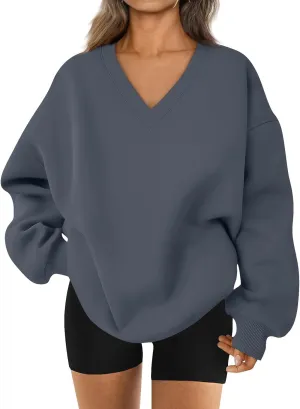 Oversized Sweatshirt For Women Plus Size V Neck Long Sleeve Drop Shoulder Pullover Hoodies Trendy Winter Clothes