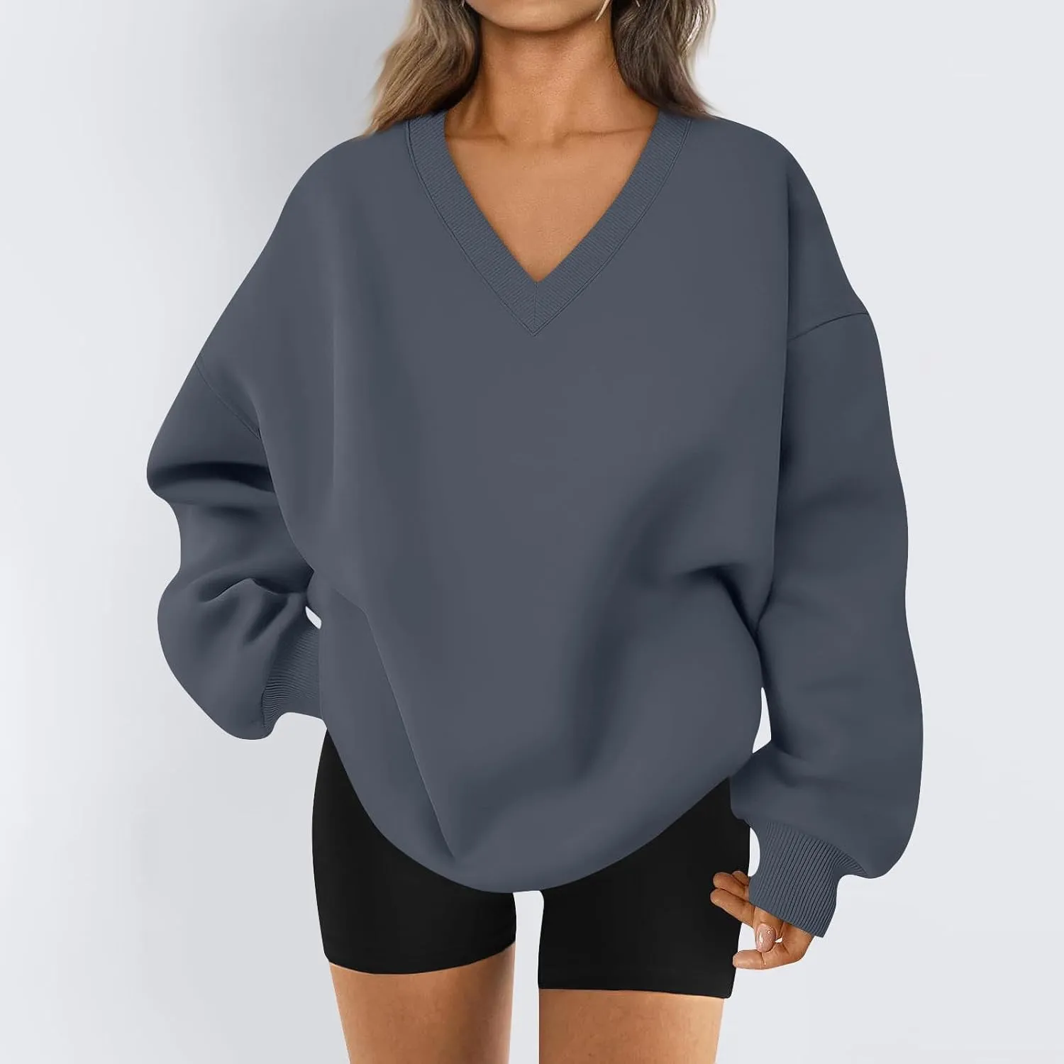 Oversized Sweatshirt For Women Plus Size V Neck Long Sleeve Drop Shoulder Pullover Hoodies Trendy Winter Clothes