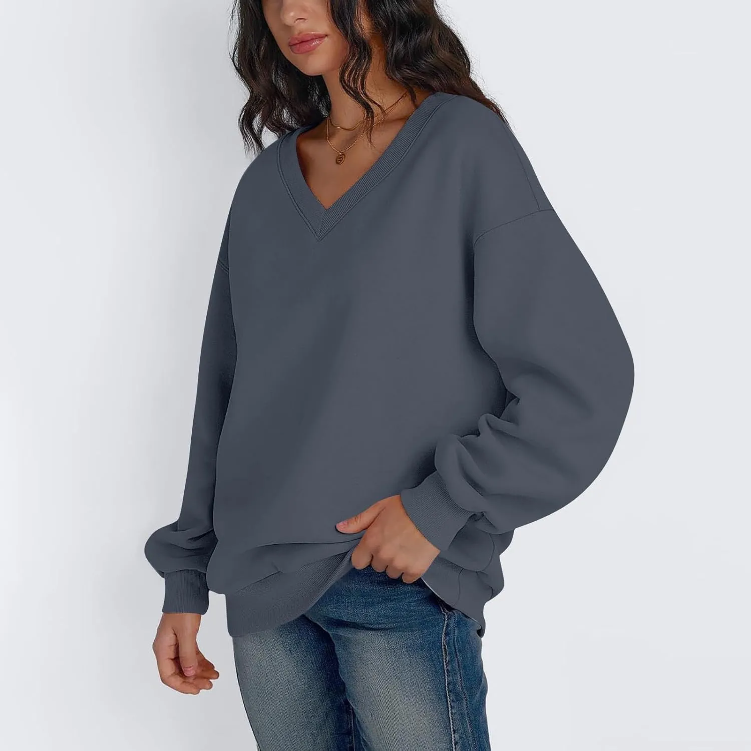 Oversized Sweatshirt For Women Plus Size V Neck Long Sleeve Drop Shoulder Pullover Hoodies Trendy Winter Clothes