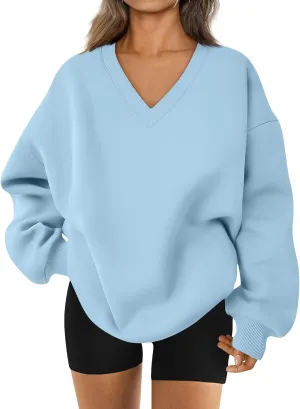 Oversized Sweatshirt For Women,2024 Trendy V Neck Soft Fleece Preppy Sweatshirt Long Sleeve Pullover Fall Clothes