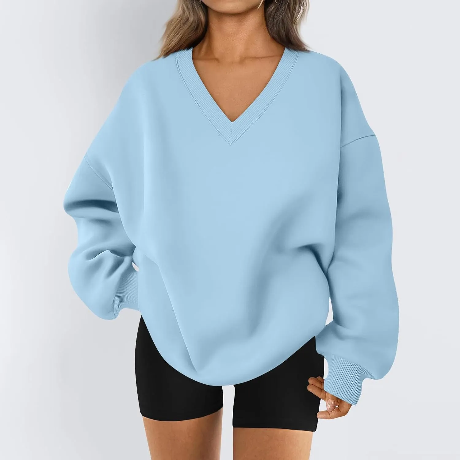 Oversized Sweatshirt For Women,2024 Trendy V Neck Soft Fleece Preppy Sweatshirt Long Sleeve Pullover Fall Clothes
