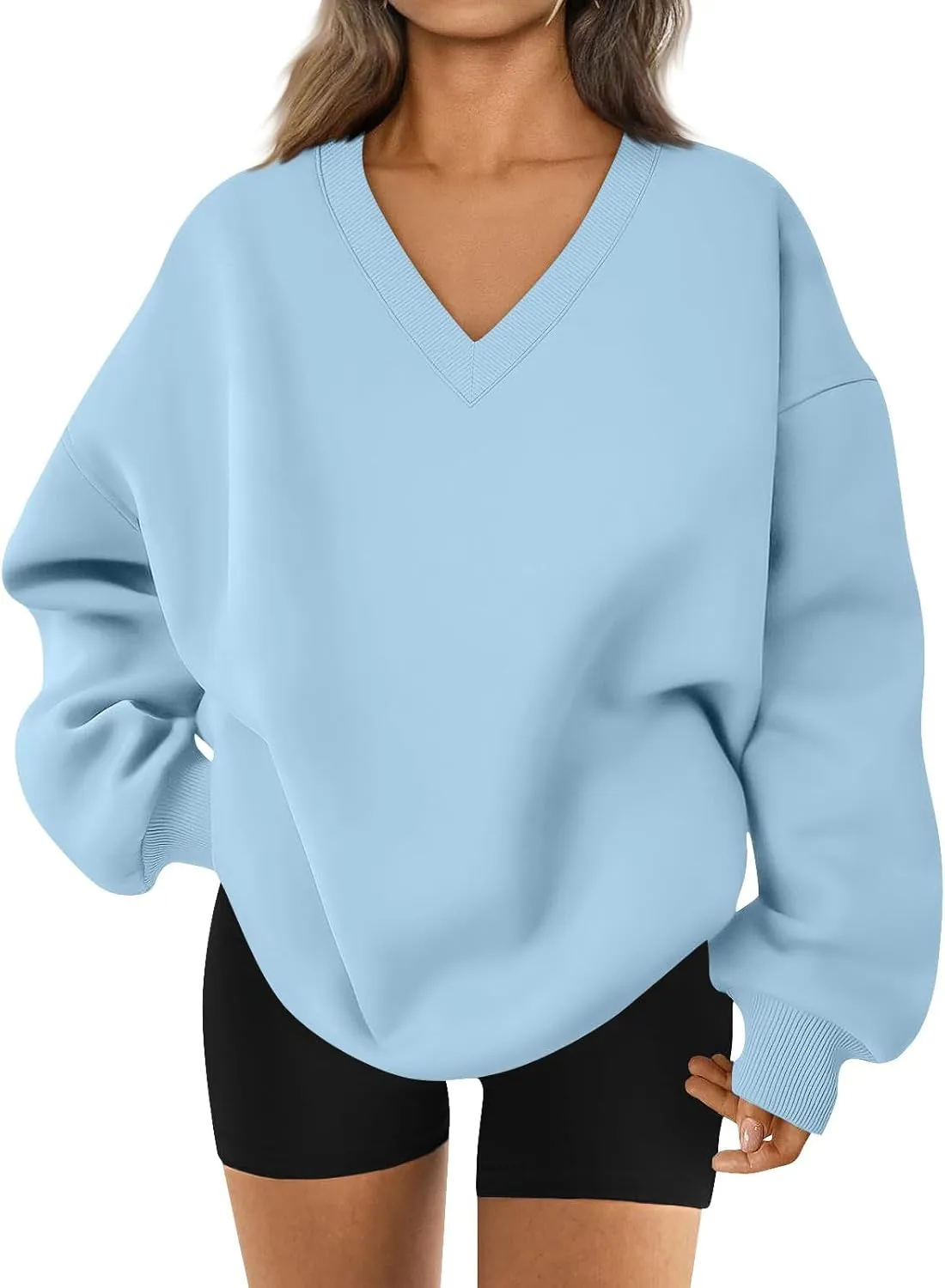 Oversized Sweatshirt For Women,2024 Trendy V Neck Soft Fleece Preppy Sweatshirt Long Sleeve Pullover Fall Clothes