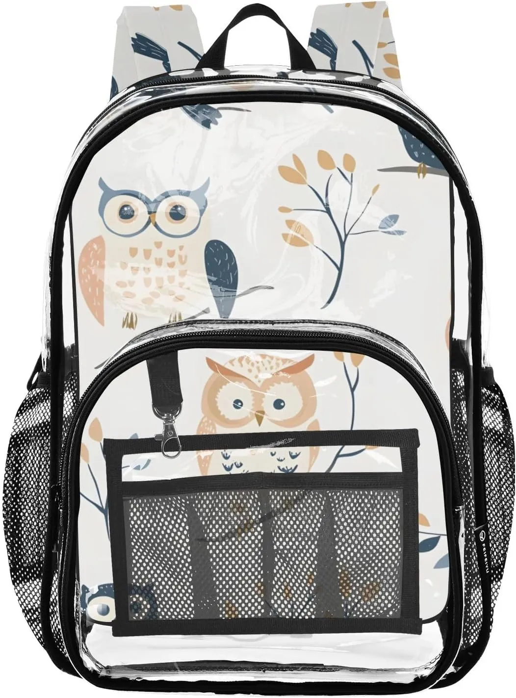 Owl Branch Gathering Pattren Clear Plastic Backpack - Transparent PVC Heavy Duty Bag with Large Main Pocket and Mesh Pockets - Ideal for School, Travel, Outings - Clear Backpack for Everyday Us