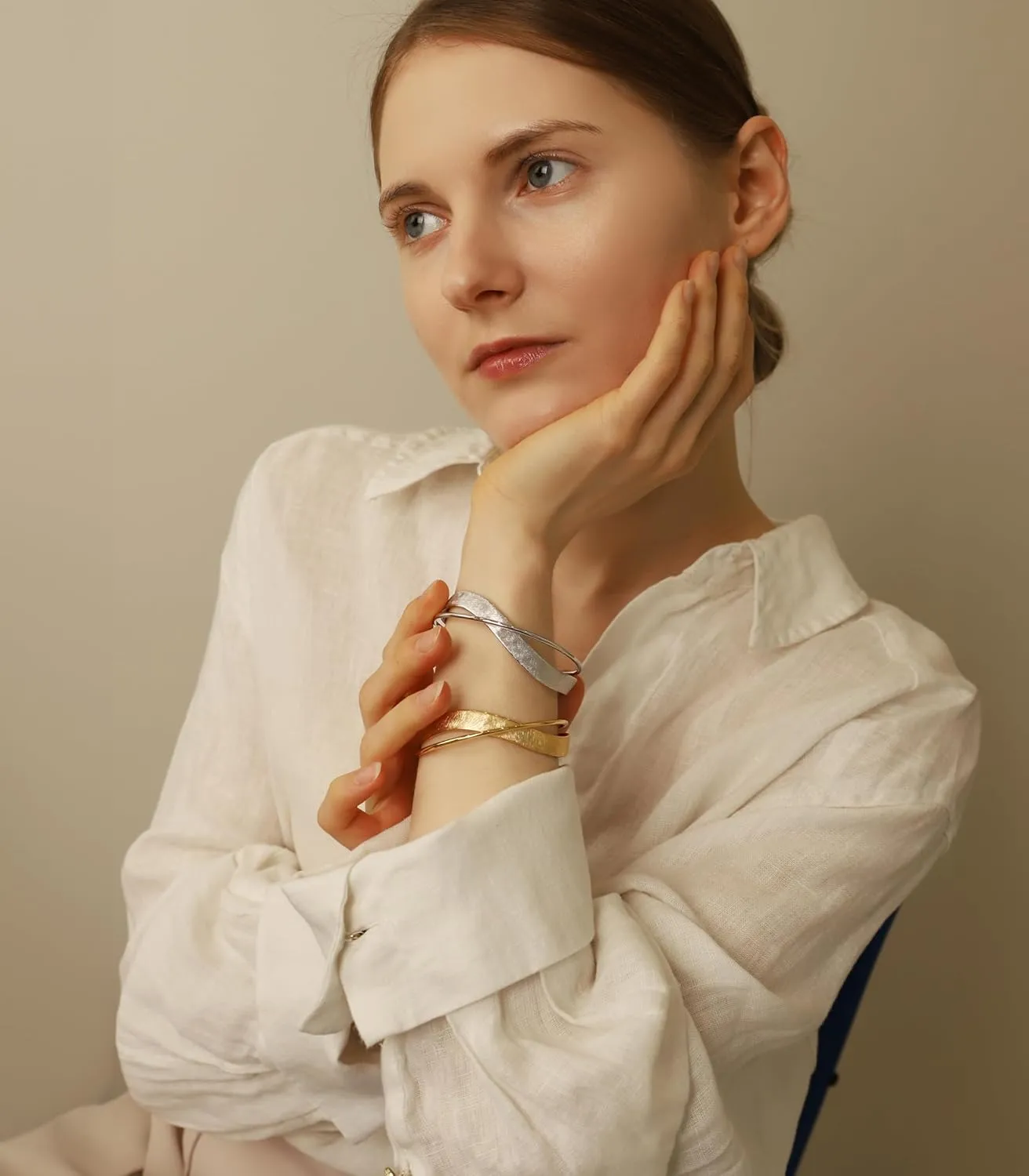 OZEL - Wave Shape Open Cuff Bracelet, Textured Gold Silver-Plated Brass, Handmade fashion jewelry