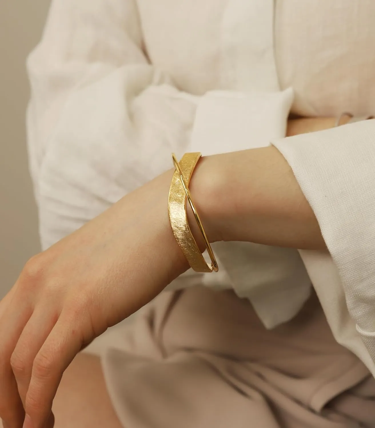 OZEL - Wave Shape Open Cuff Bracelet, Textured Gold Silver-Plated Brass, Handmade fashion jewelry