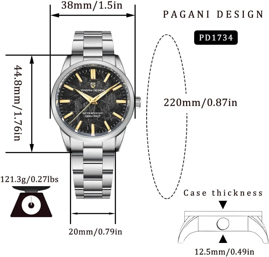Pagani Design Watches for Men, 38mm Dial, Stainless Steel, 100m Waterproof, Quartz, VH31 Movement