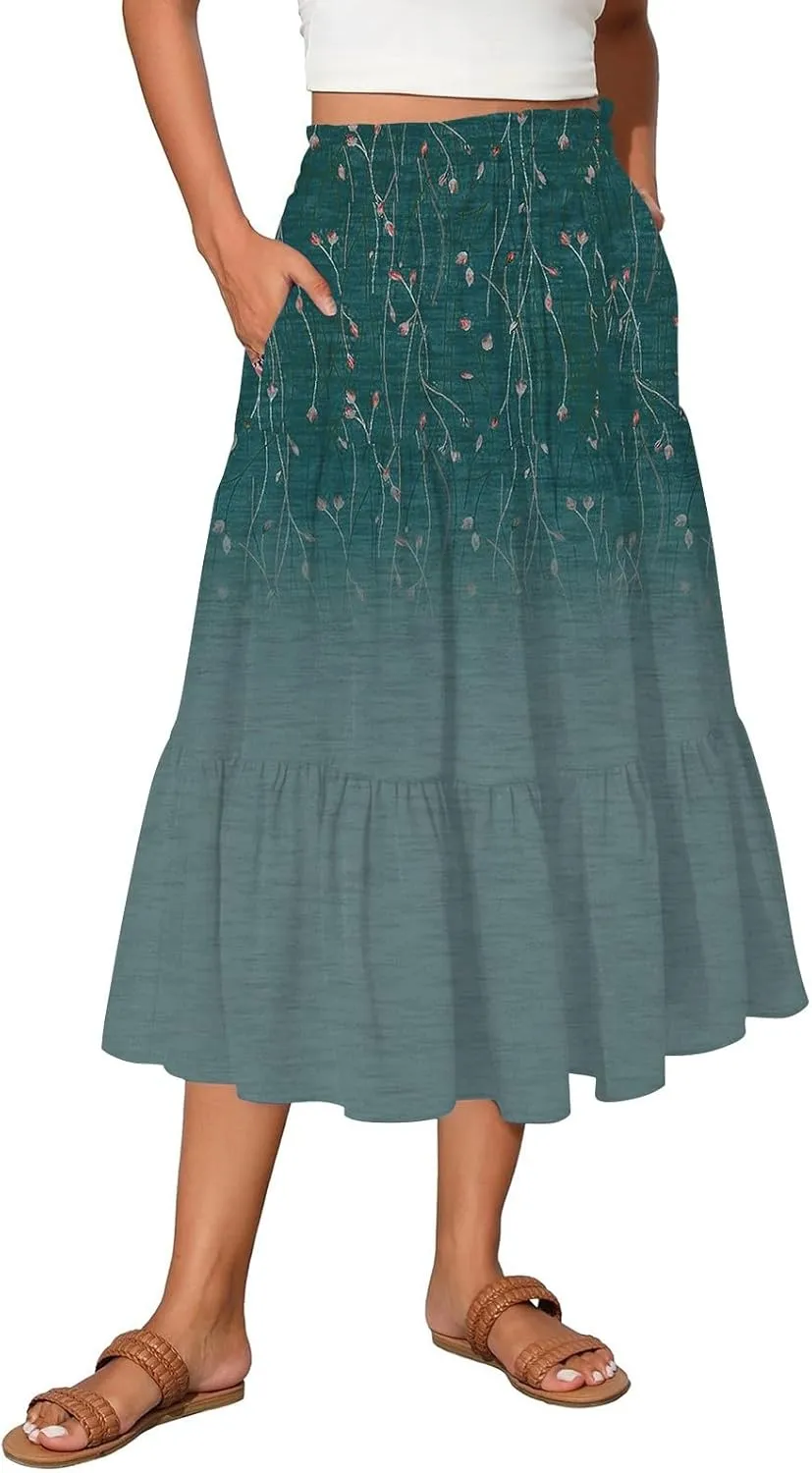 Palaver Boho Midi Skirts for Women Summer Boho Smocked High Waisted Skirt Vacation A-Line Long Flowy Skirts with Pockets