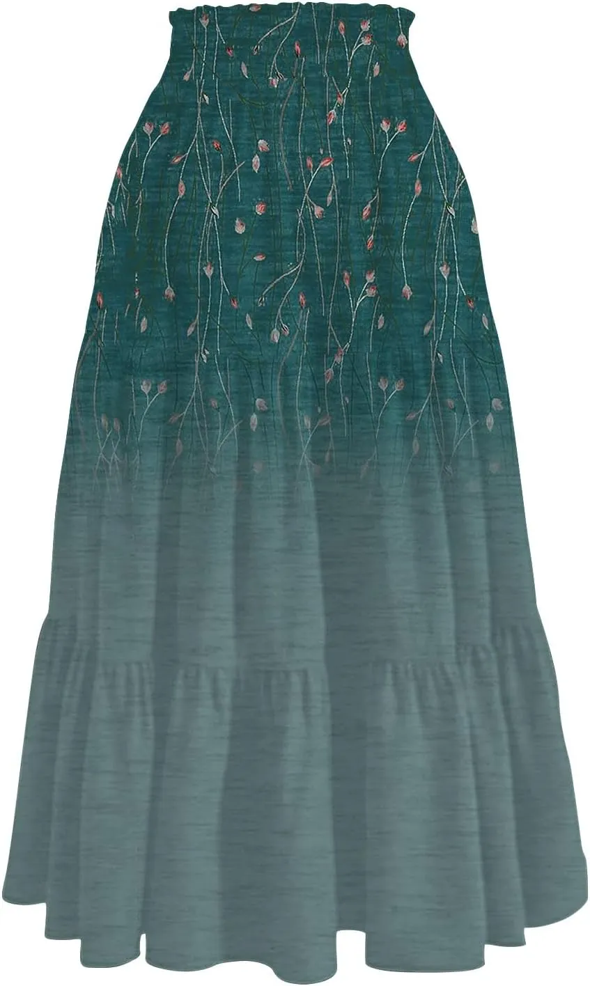 Palaver Boho Midi Skirts for Women Summer Boho Smocked High Waisted Skirt Vacation A-Line Long Flowy Skirts with Pockets