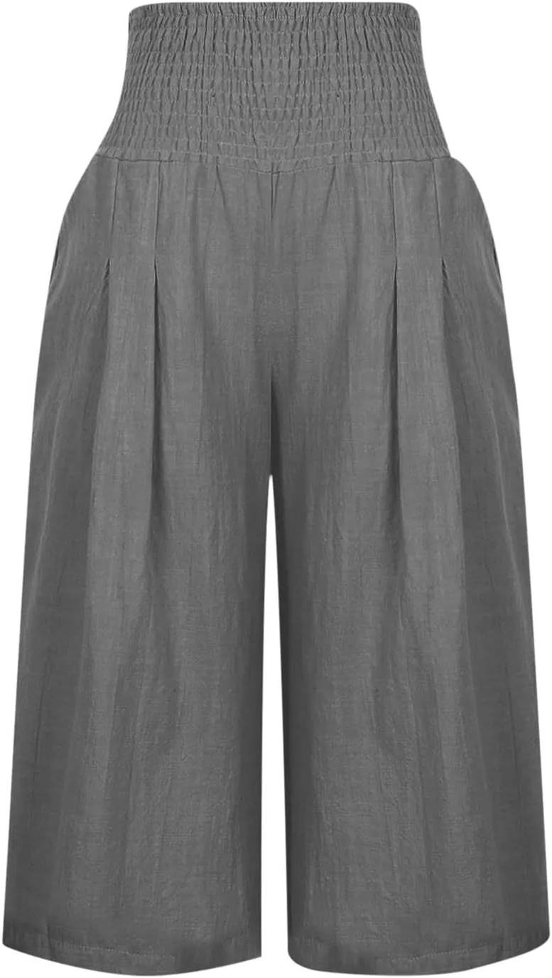 Palazzo Pants for Women Dressy Elastic High Waist Paperbag Pants Lightweight Flowy Casual Wide Leg Linen Pants