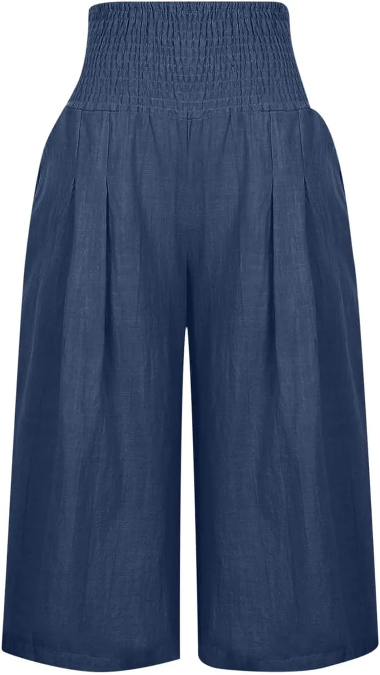 Palazzo Pants for Women Dressy Elastic High Waist Paperbag Pants Lightweight Flowy Casual Wide Leg Linen Pants