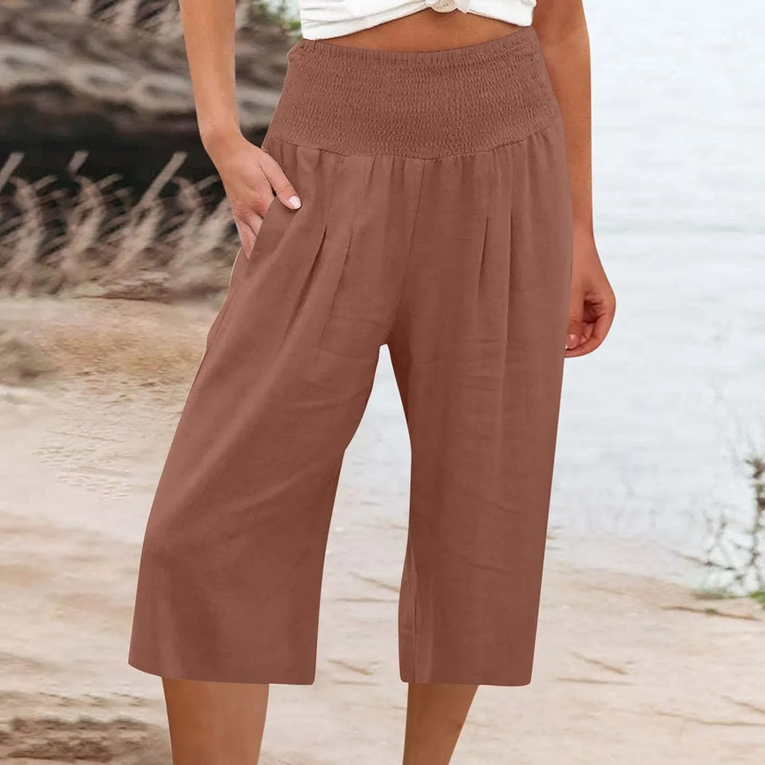 Palazzo Pants for Women Dressy Elastic High Waist Paperbag Pants Lightweight Flowy Casual Wide Leg Linen Pants