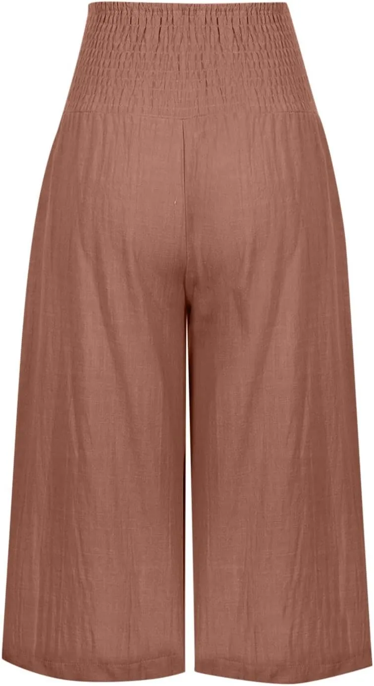 Palazzo Pants for Women Dressy Elastic High Waist Paperbag Pants Lightweight Flowy Casual Wide Leg Linen Pants
