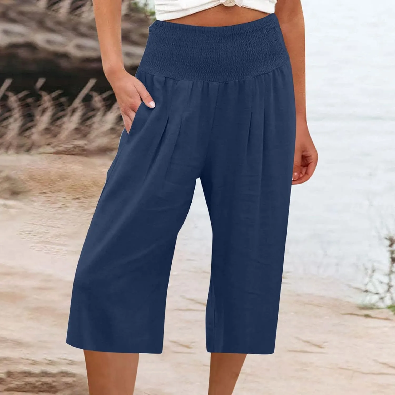 Palazzo Pants for Women Dressy Elastic High Waist Paperbag Pants Lightweight Flowy Casual Wide Leg Linen Pants