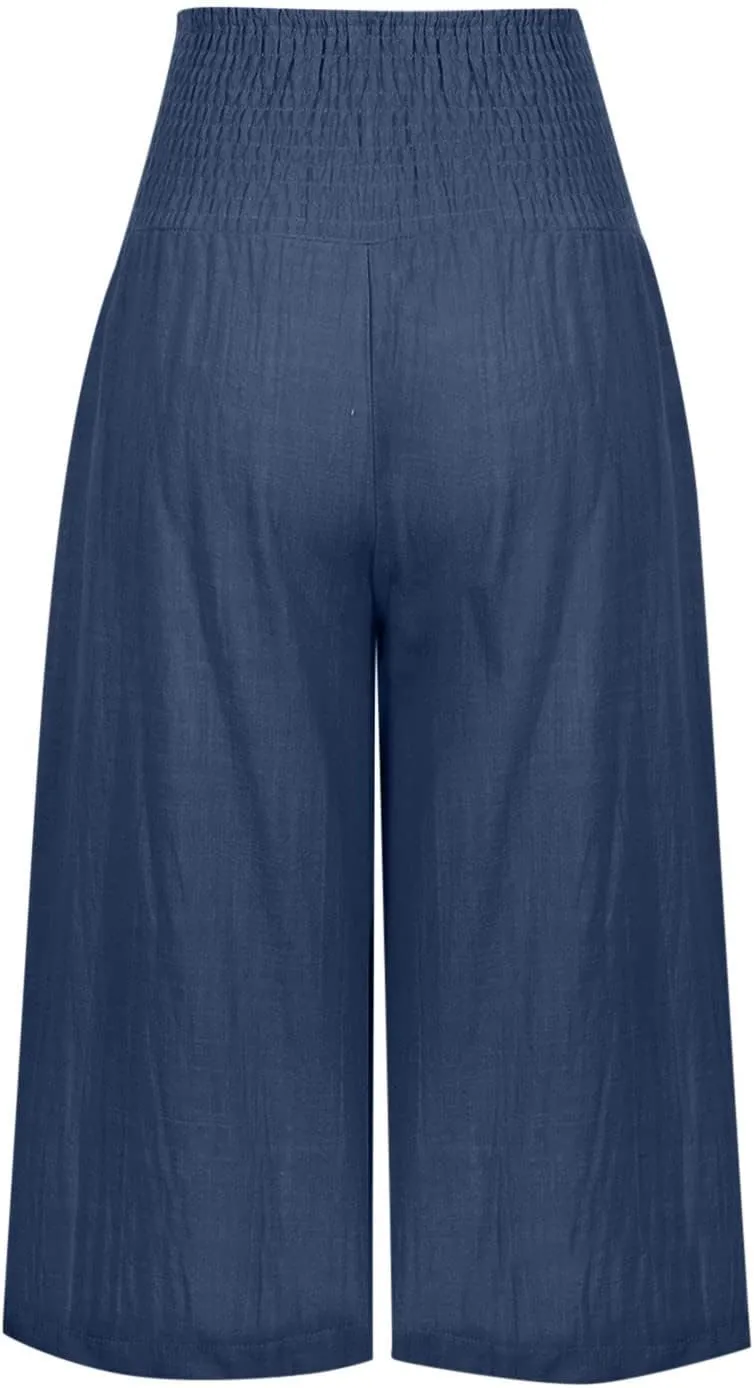 Palazzo Pants for Women Dressy Elastic High Waist Paperbag Pants Lightweight Flowy Casual Wide Leg Linen Pants