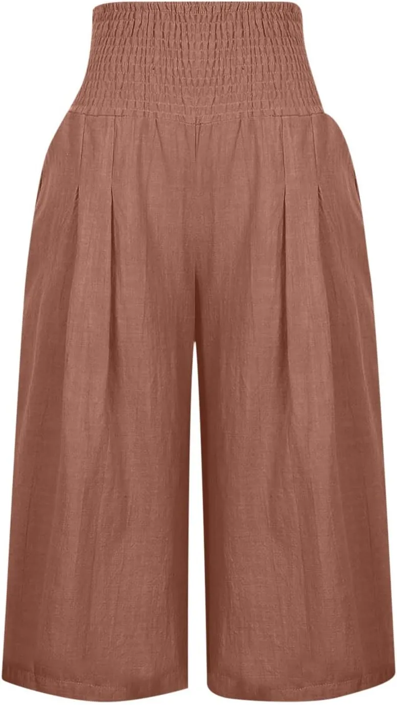 Palazzo Pants for Women Dressy Elastic High Waist Paperbag Pants Lightweight Flowy Casual Wide Leg Linen Pants