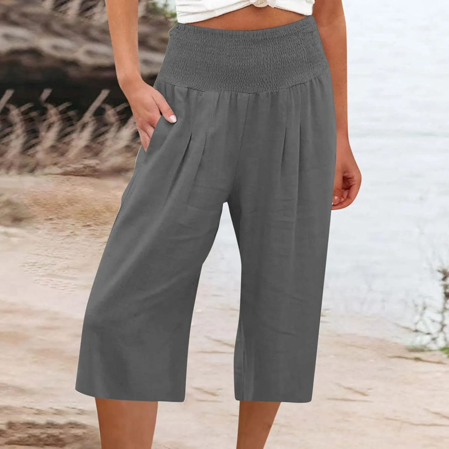 Palazzo Pants for Women Dressy Elastic High Waist Paperbag Pants Lightweight Flowy Casual Wide Leg Linen Pants