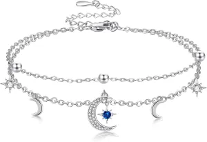 Palpitate Star Moon Anklet for Women,Moon Stars Anklet Bracelet Double Foot Chain Beach Anklets Jewelry Birthday Gifts for Her