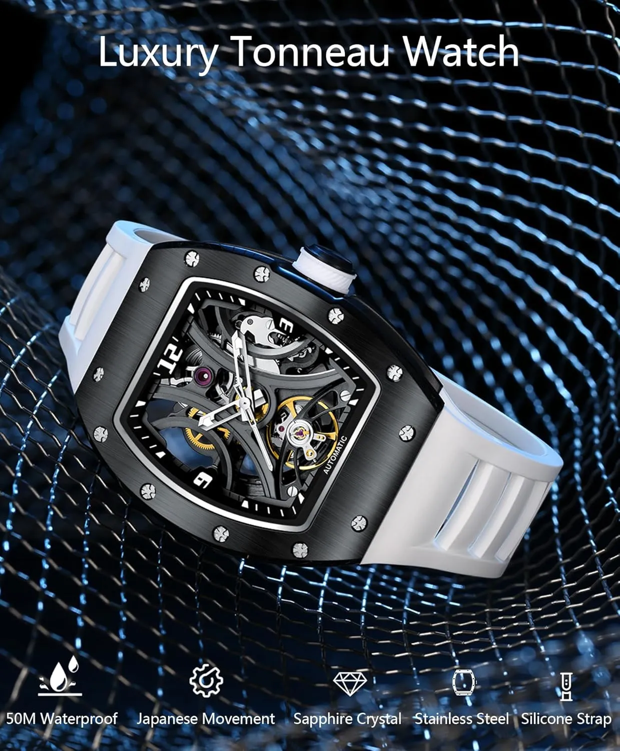 Paras Crown Automatic Analog Watches for Men Mechanical Mens Watches Stainless Case 50M Waterproof Fashion Luxury Wrist Watches with Silicone Strap
