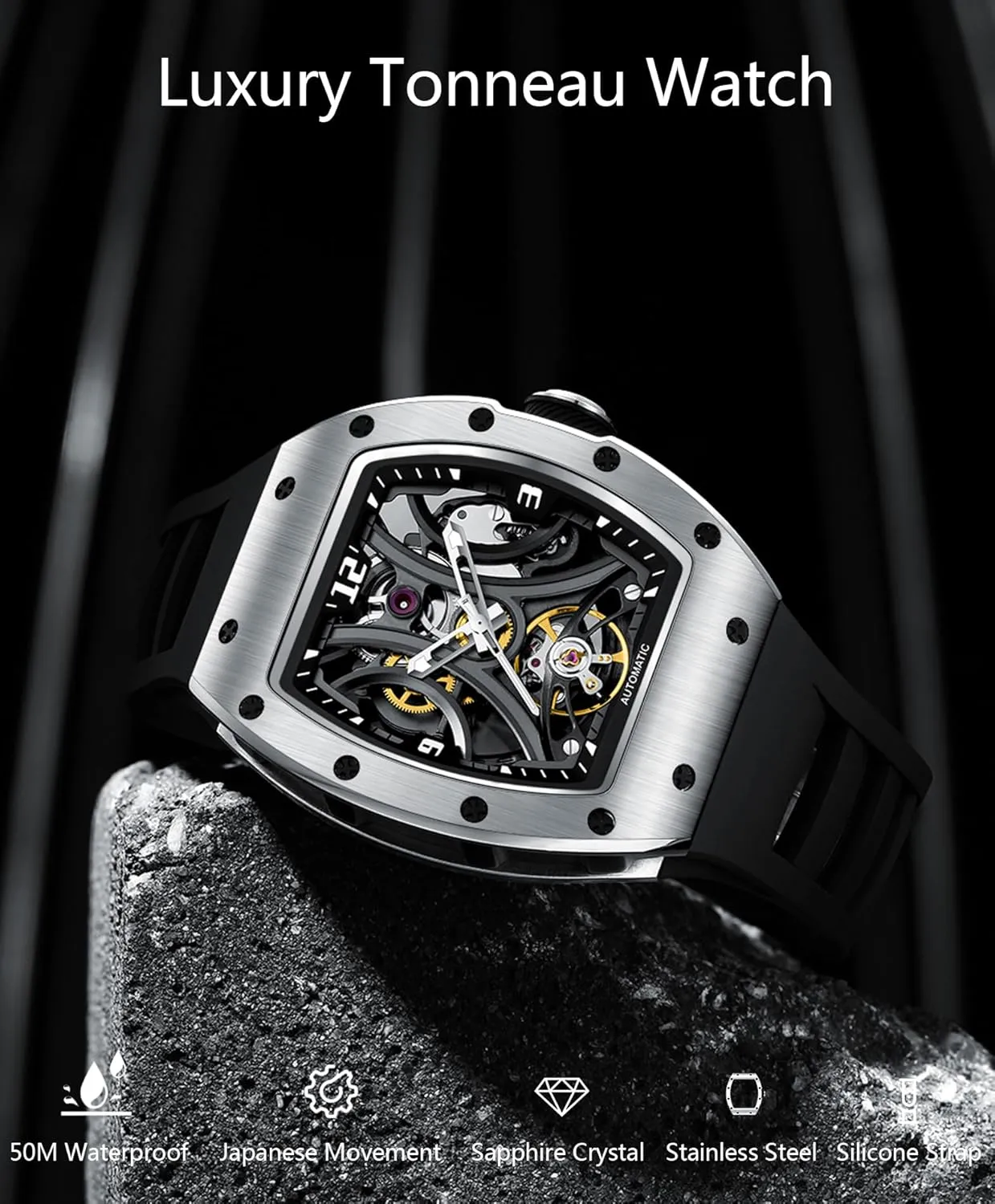 Paras Crown Automatic Analog Watches for Men Mechanical Mens Watches Stainless Case 50M Waterproof Fashion Luxury Wrist Watches with Silicone Strap