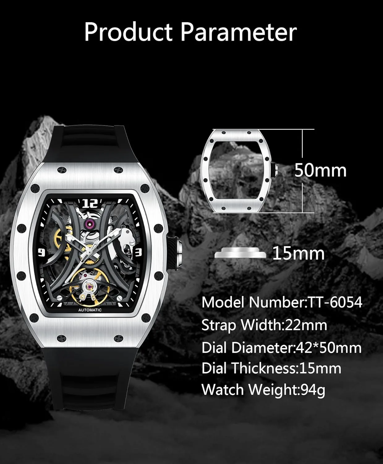 Paras Crown Automatic Analog Watches for Men Mechanical Mens Watches Stainless Case 50M Waterproof Fashion Luxury Wrist Watches with Silicone Strap