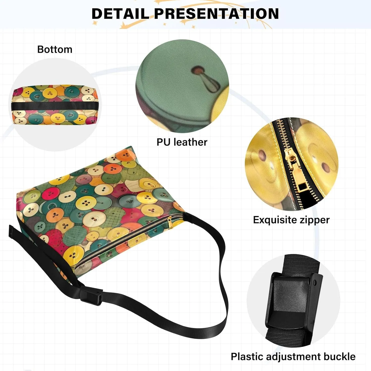 Patches of Buttons with Colors Cross Body Shoulder Bag Leather, Women's Shoulder Bag, Leather Shoulder Bag