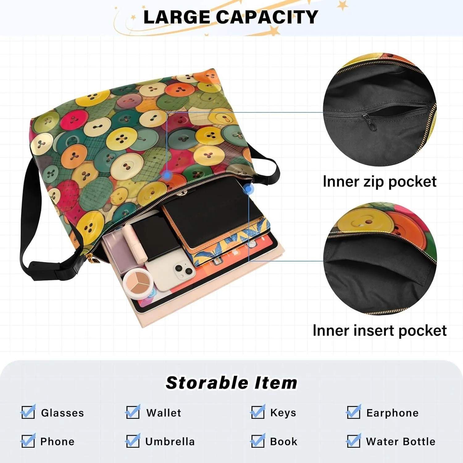 Patches of Buttons with Colors Cross Body Shoulder Bag Leather, Women's Shoulder Bag, Leather Shoulder Bag