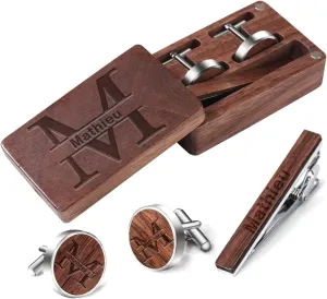 Personalized Cufflinks and Tie Clip Set for Men Wedding, Wooden Tie Necktie Bar and Cuff Link Set for Groom Best Man Dad Husband, Engraved Name Date, With Gift Boxes