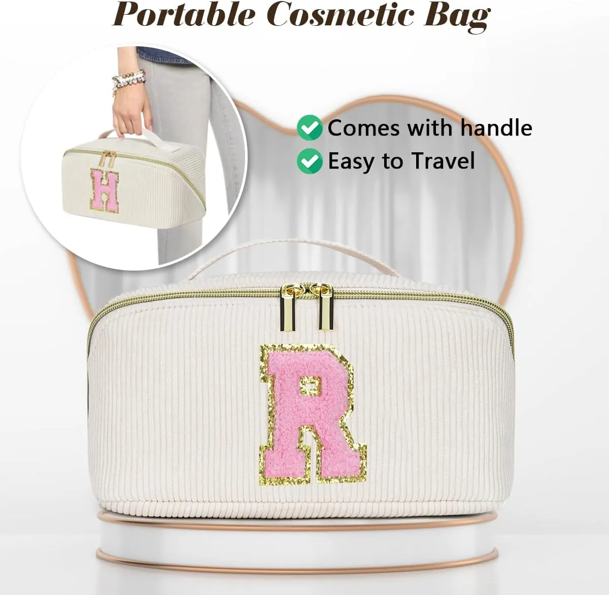 Personalized Inital Preppy Cosmetic Bag, Stuff Bag Large Capacity Makeup Travel Bag Pouch Personalized Cute Quilted Makeup Bag Birthday Gifts for Women/Friend/Mother/Wife - C