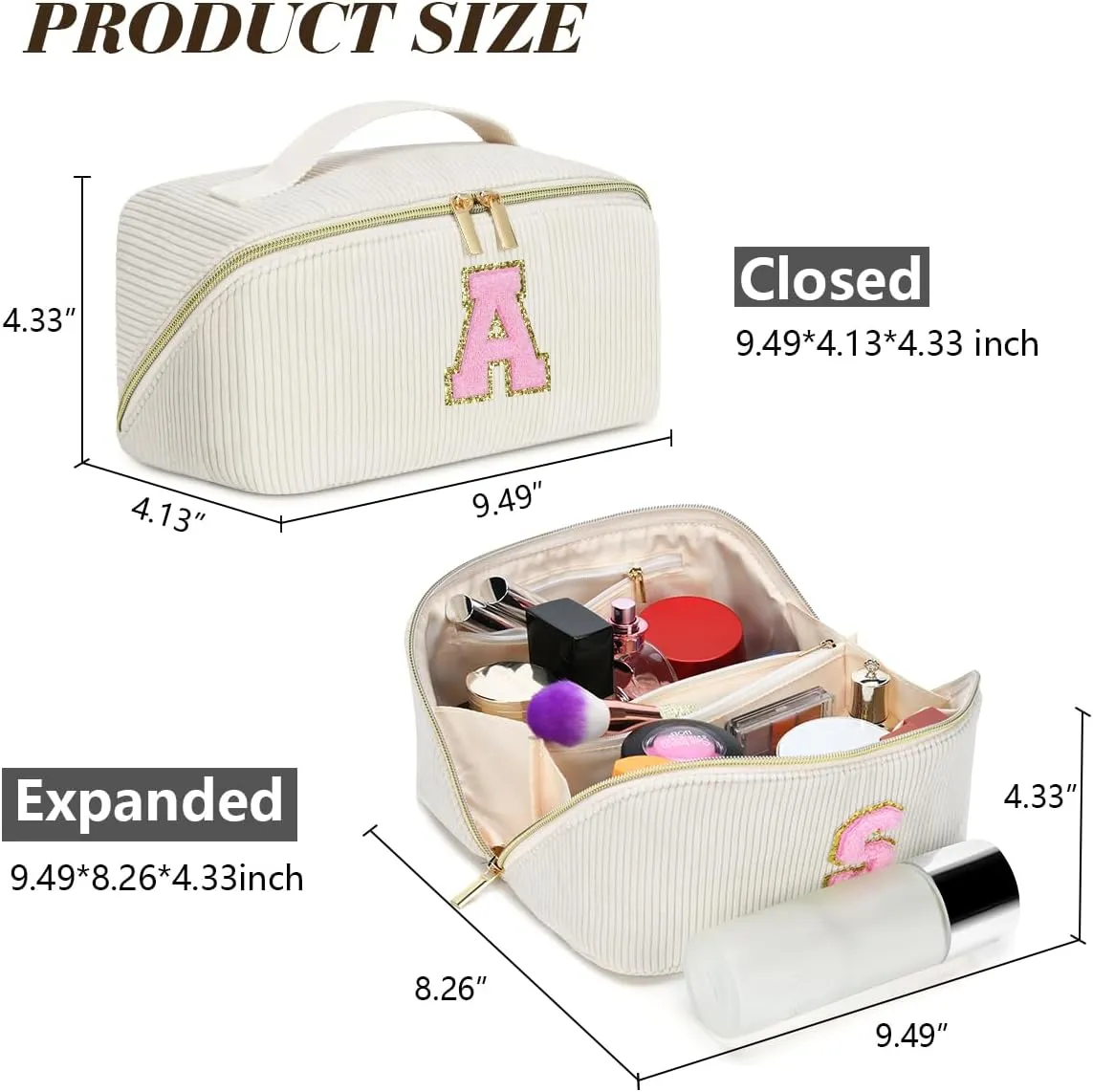 Personalized Inital Preppy Cosmetic Bag, Stuff Bag Large Capacity Makeup Travel Bag Pouch Personalized Cute Quilted Makeup Bag Birthday Gifts for Women/Friend/Mother/Wife - C