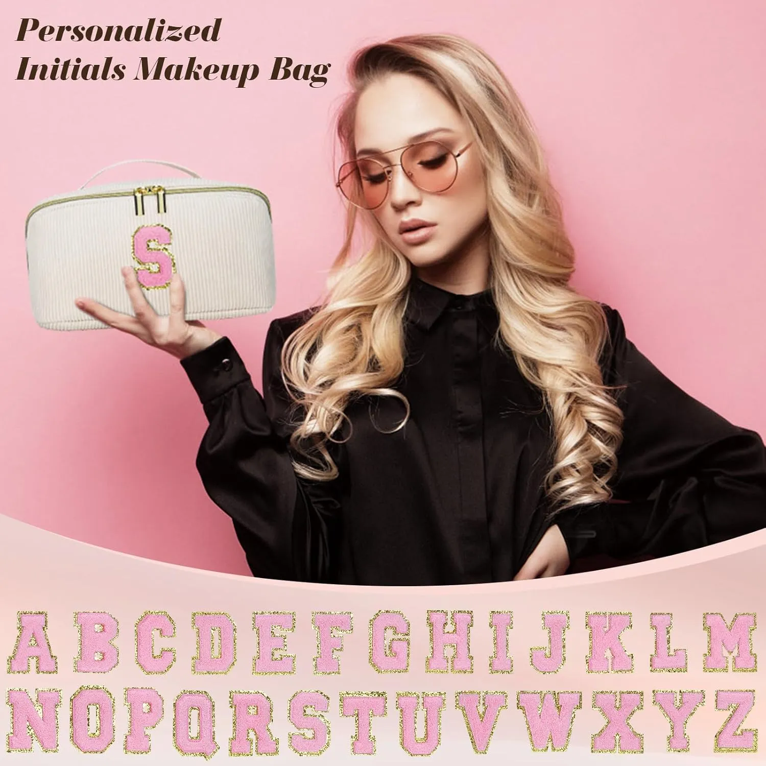 Personalized Inital Preppy Cosmetic Bag, Stuff Bag Large Capacity Makeup Travel Bag Pouch Personalized Cute Quilted Makeup Bag Birthday Gifts for Women/Friend/Mother/Wife - C