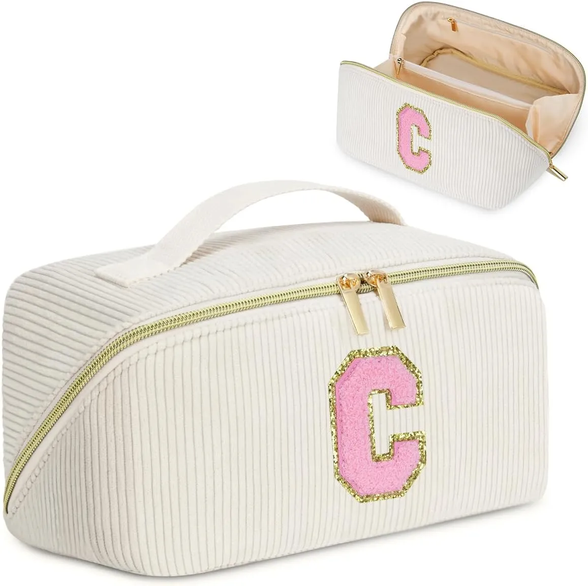 Personalized Inital Preppy Cosmetic Bag, Stuff Bag Large Capacity Makeup Travel Bag Pouch Personalized Cute Quilted Makeup Bag Birthday Gifts for Women/Friend/Mother/Wife - C