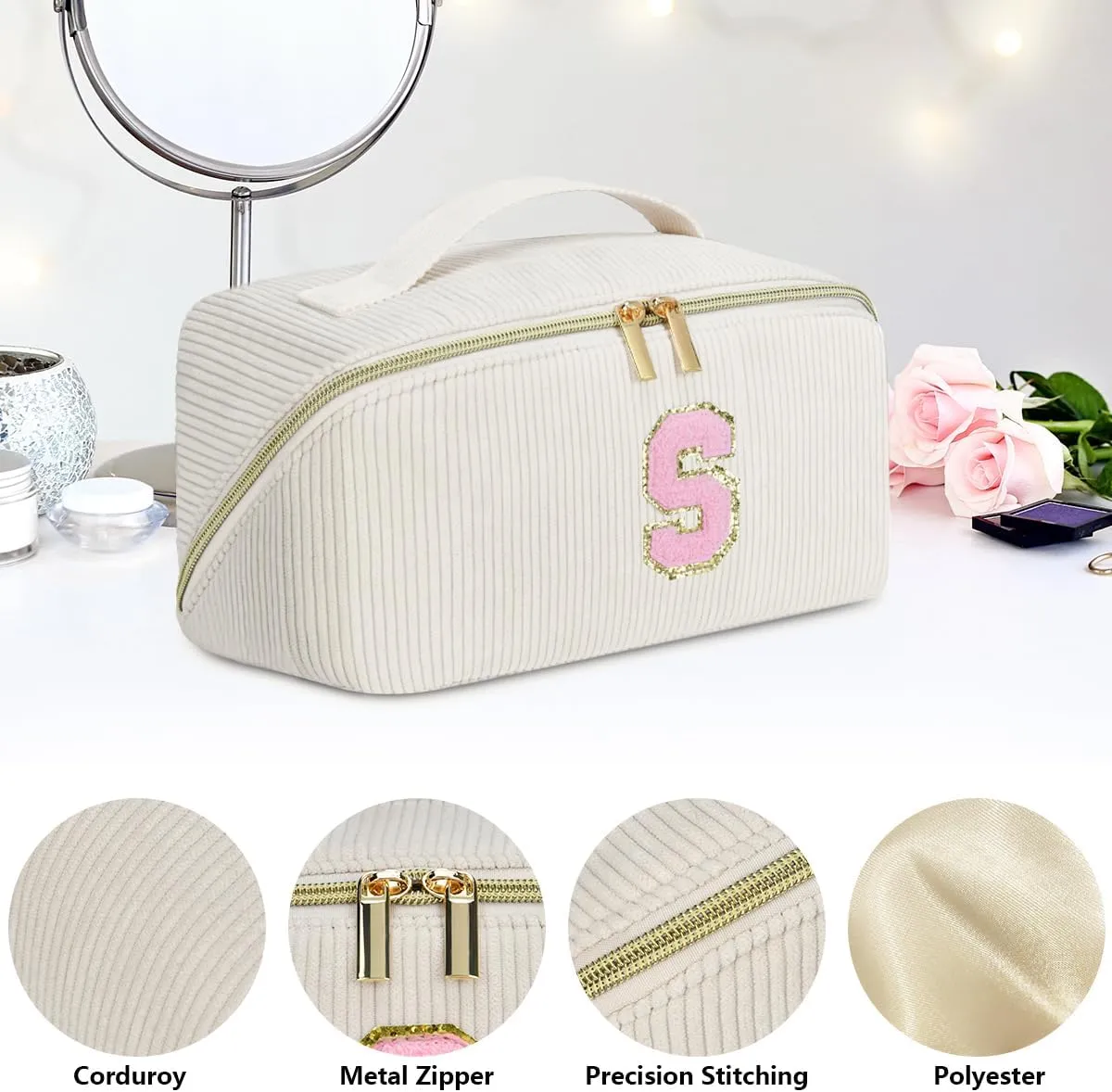 Personalized Inital Preppy Cosmetic Bag, Stuff Bag Large Capacity Makeup Travel Bag Pouch Personalized Cute Quilted Makeup Bag Birthday Gifts for Women/Friend/Mother/Wife - C