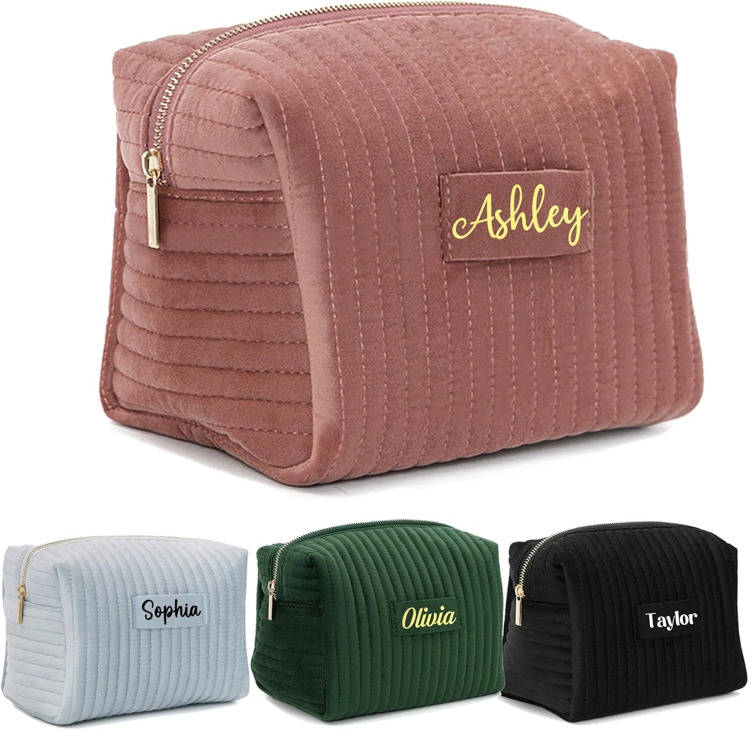 Personalized Makeup Bag, Customize Velvet Quilted Makeup Bags Purse for Travel Essentials Toiletry Pouch for Women, Mom, Bachelorette Party Gift, Mothers Day Gift